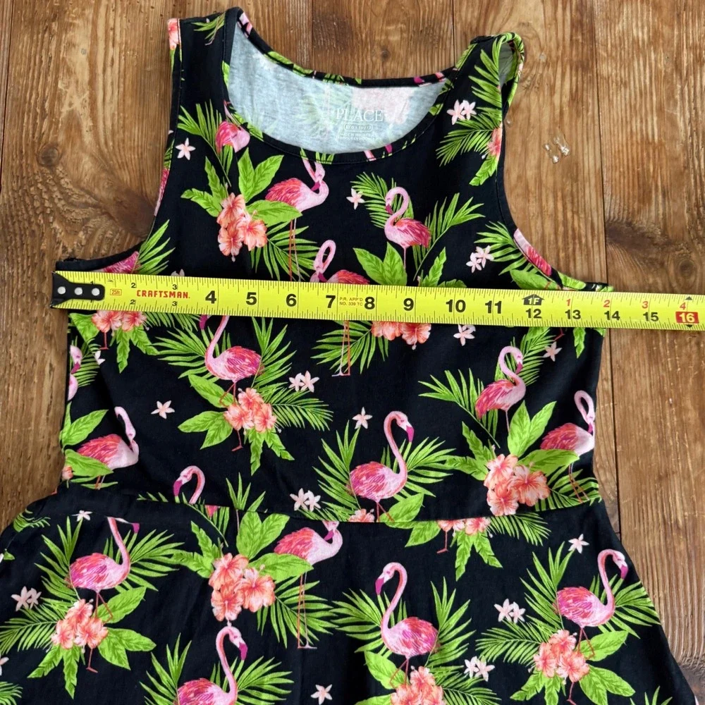 The Childrens Place Flamingo Tropical Floral Skater Black Dress Large 10/12 EUC - Picture 6 of 6